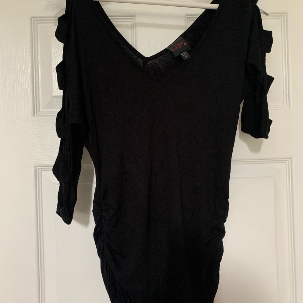 Bebe Black Ruched Asymmetrical Blouse with Cutout Sleeves